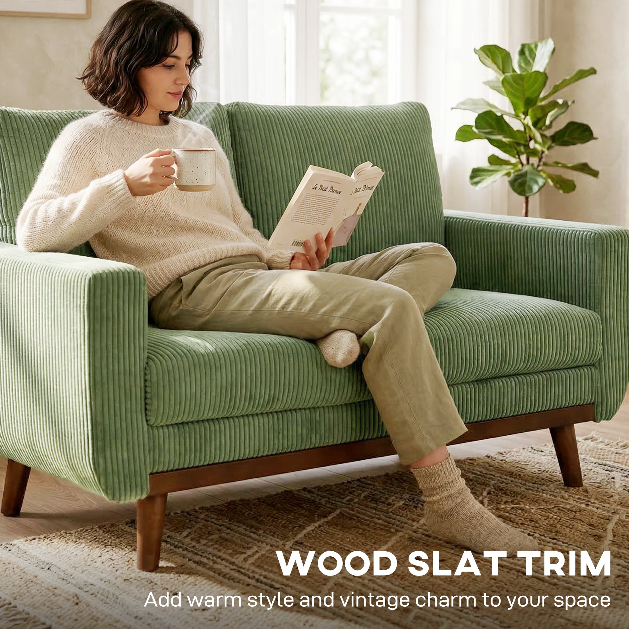 2-Seater Cord Sofa 134 cm (53") – Plush Backrest, Wood-Slat Accent, Comfortable Modern Upholstered Couch for Small Spaces, Living Room, Bedroom, Easy Assembly, Green