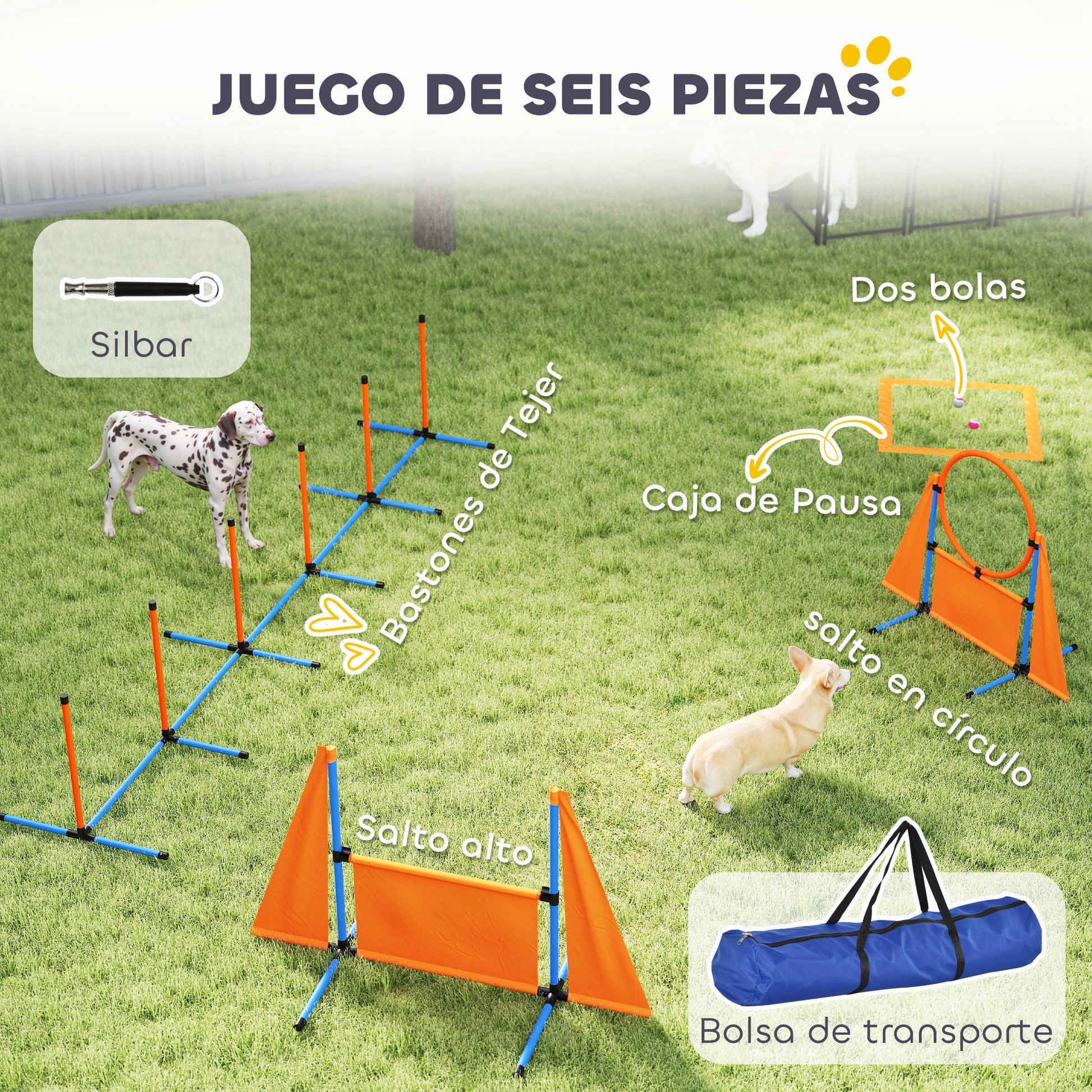 6-Piece Dog Agility Training Set Agility Kit for Dogs with Slalom Stakes Rest Area Fence Jump Ring and Balls Orange