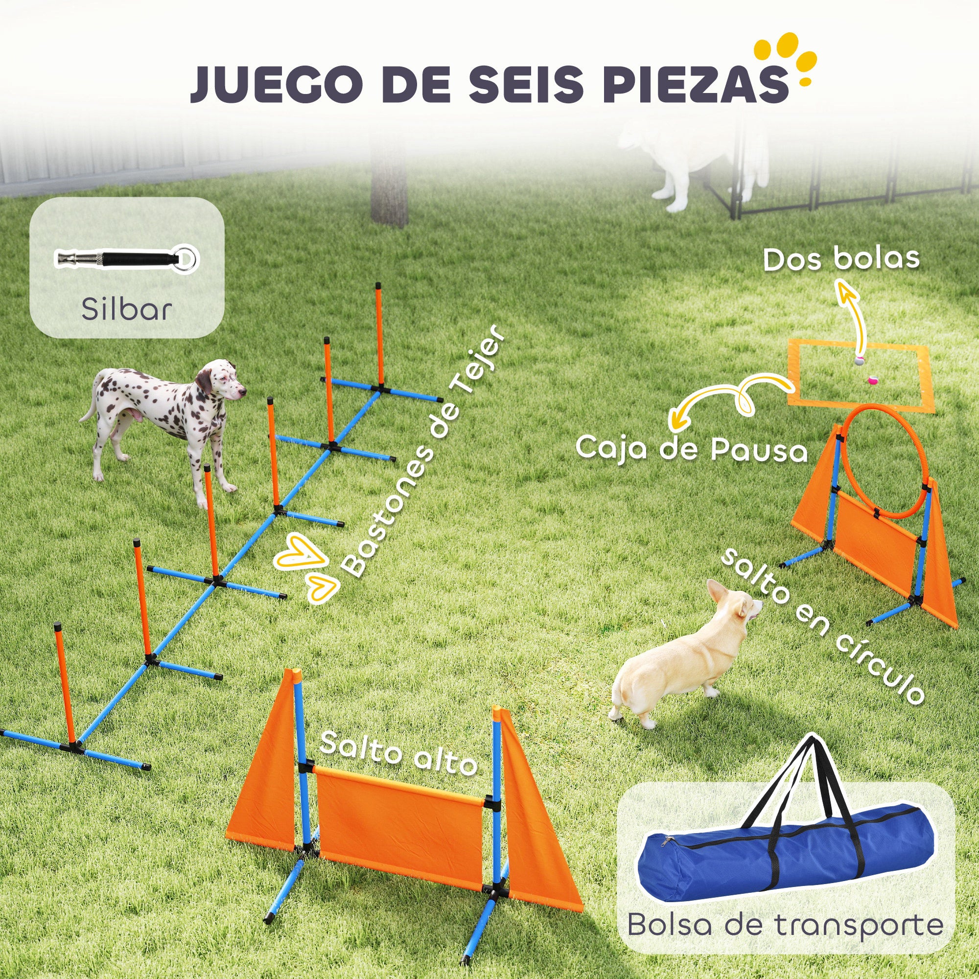 6-Piece Dog Agility Training Set Agility Kit for Dogs with Slalom Stakes Rest Area Fence Jump Ring and Balls Orange