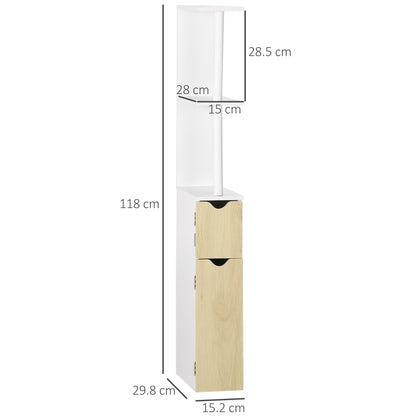 Bathroom Column with 2 Shelves and 2 Cabinets, Tall Bathroom Cabinet Space Saver in MDF, 15.2x29.8x118cm, Natural Wood