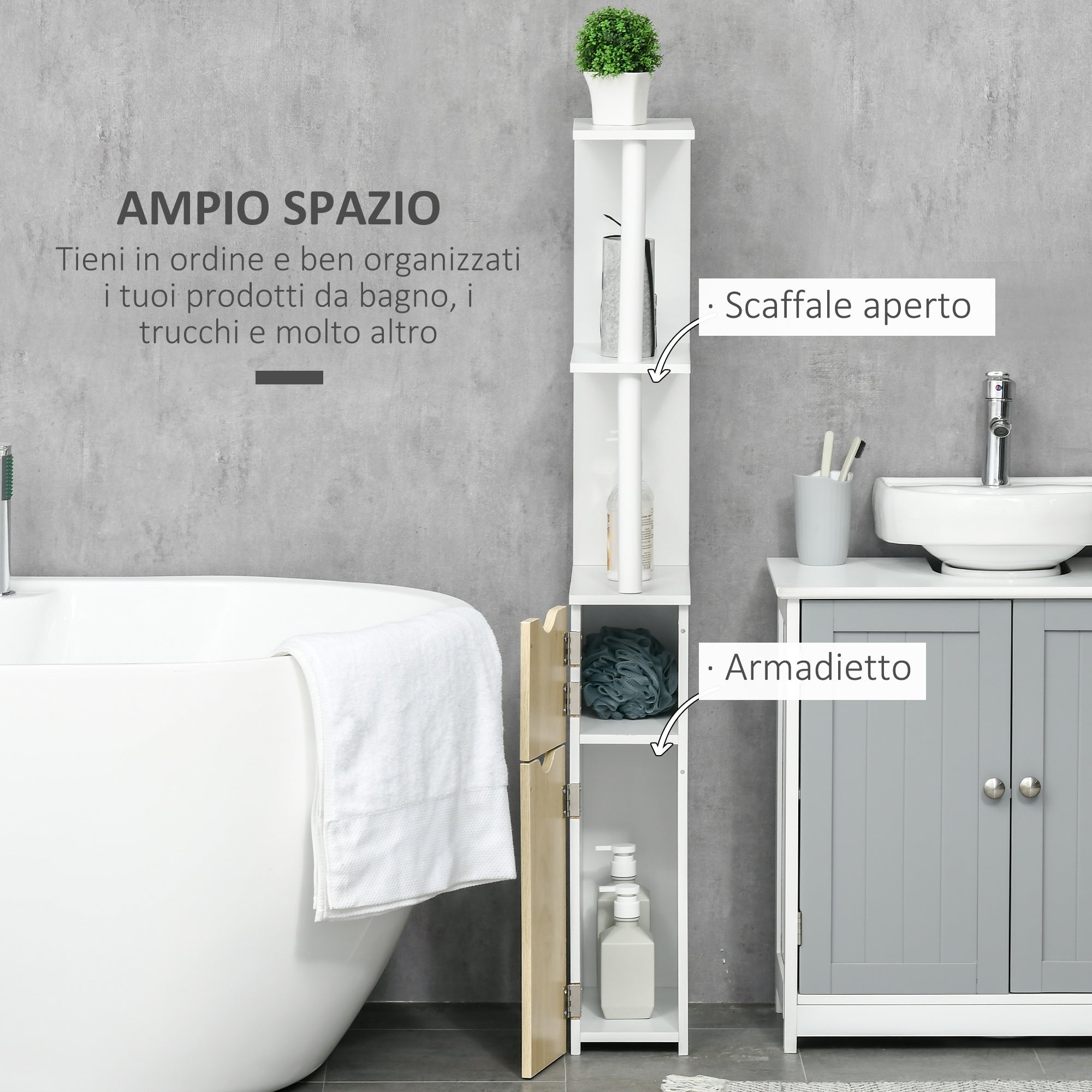 Bathroom Column with 2 Shelves and 2 Cabinets, Tall Bathroom Cabinet Space Saver in MDF, 15.2x29.8x118cm, Natural Wood