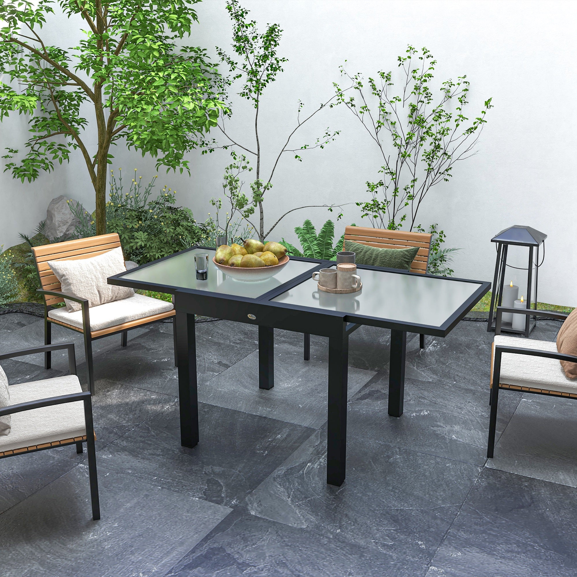 Large Size Extendable Garden Table unfolded dimensions 160L x 80W x 75H cm Dark Gray Aluminum Tempered Glass Top Transparent