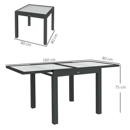 Large Size Extendable Garden Table unfolded dimensions 160L x 80W x 75H cm Dark Gray Aluminum Tempered Glass Top Transparent