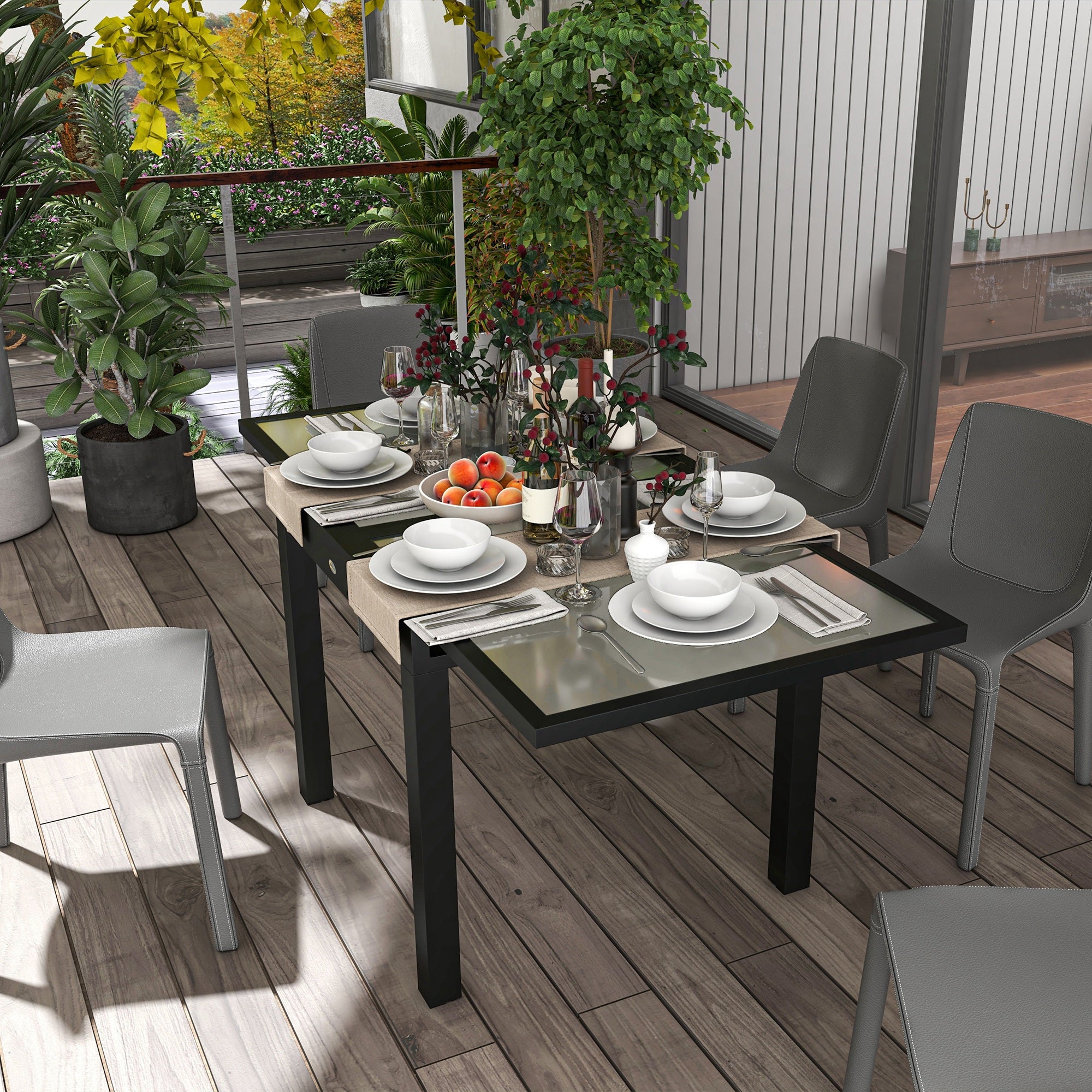Large Size Extendable Garden Table unfolded dimensions 160L x 80W x 75H cm Dark Gray Aluminum Tempered Glass Top Transparent
