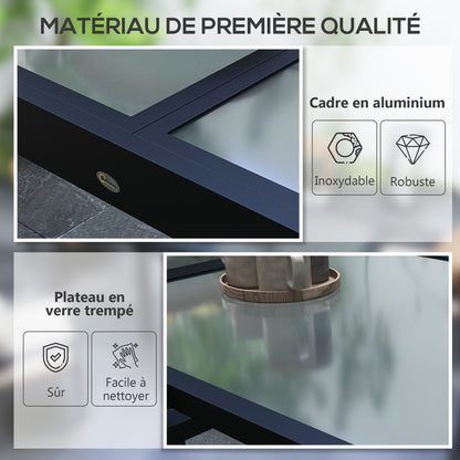 Large Size Extendable Garden Table unfolded dimensions 160L x 80W x 75H cm Dark Gray Aluminum Tempered Glass Top Transparent