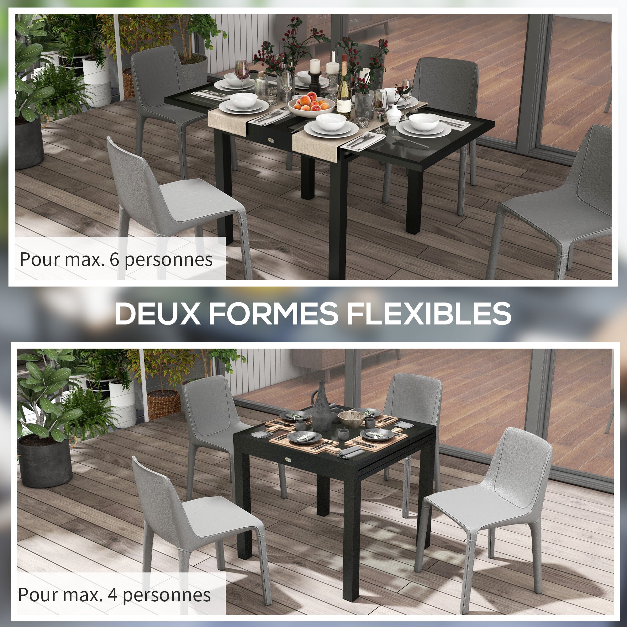 Large Size Extendable Garden Table unfolded dimensions 160L x 80W x 75H cm Dark Gray Aluminum Tempered Glass Top Transparent