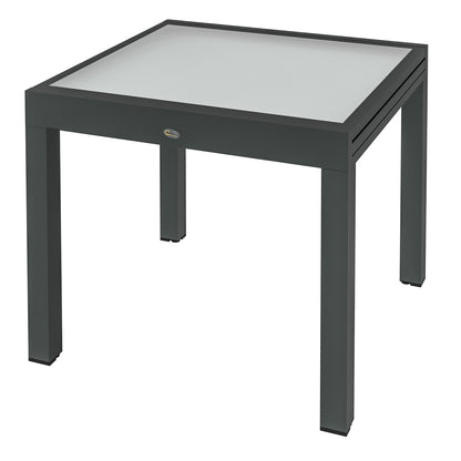 Large Size Extendable Garden Table unfolded dimensions 160L x 80W x 75H cm Dark Gray Aluminum Tempered Glass Top Transparent