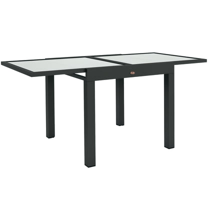 Large Size Extendable Garden Table unfolded dimensions 160L x 80W x 75H cm Dark Gray Aluminum Tempered Glass Top Transparent