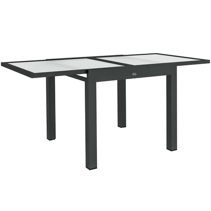 Large Size Extendable Garden Table unfolded dimensions 160L x 80W x 75H cm Dark Gray Aluminum Tempered Glass Top Transparent
