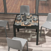 Large Size Extendable Garden Table unfolded dimensions 160L x 80W x 75H cm Dark Gray Aluminum Tempered Glass Top Transparent