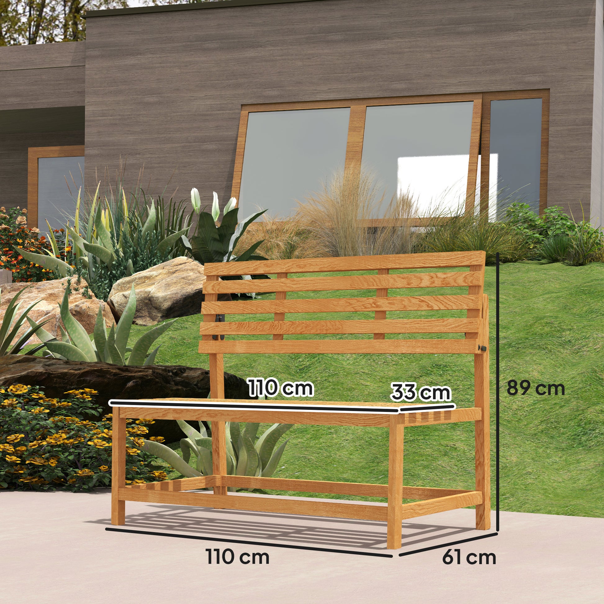 2-Seater Wooden Garden Bench, Weatherproof Bench, UV Resistant Garden Furniture with Convertible Backrests, Park Bench 240kg Load Capacity, Wooden Bench for Balcony Terrace, Garden, 110x61x89cm, Teak