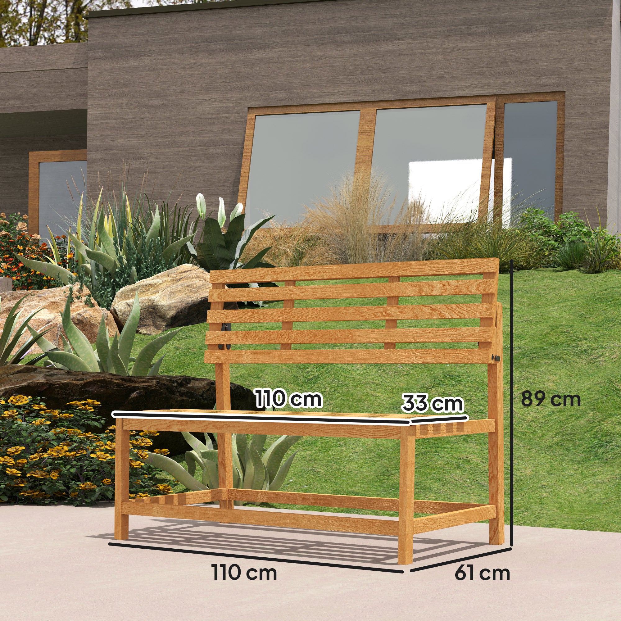 2-Seater Wooden Garden Bench, Weatherproof Bench, UV Resistant Garden Furniture with Convertible Backrests, Park Bench 240kg Load Capacity, Wooden Bench for Balcony Terrace, Garden, 110x61x89cm, Teak