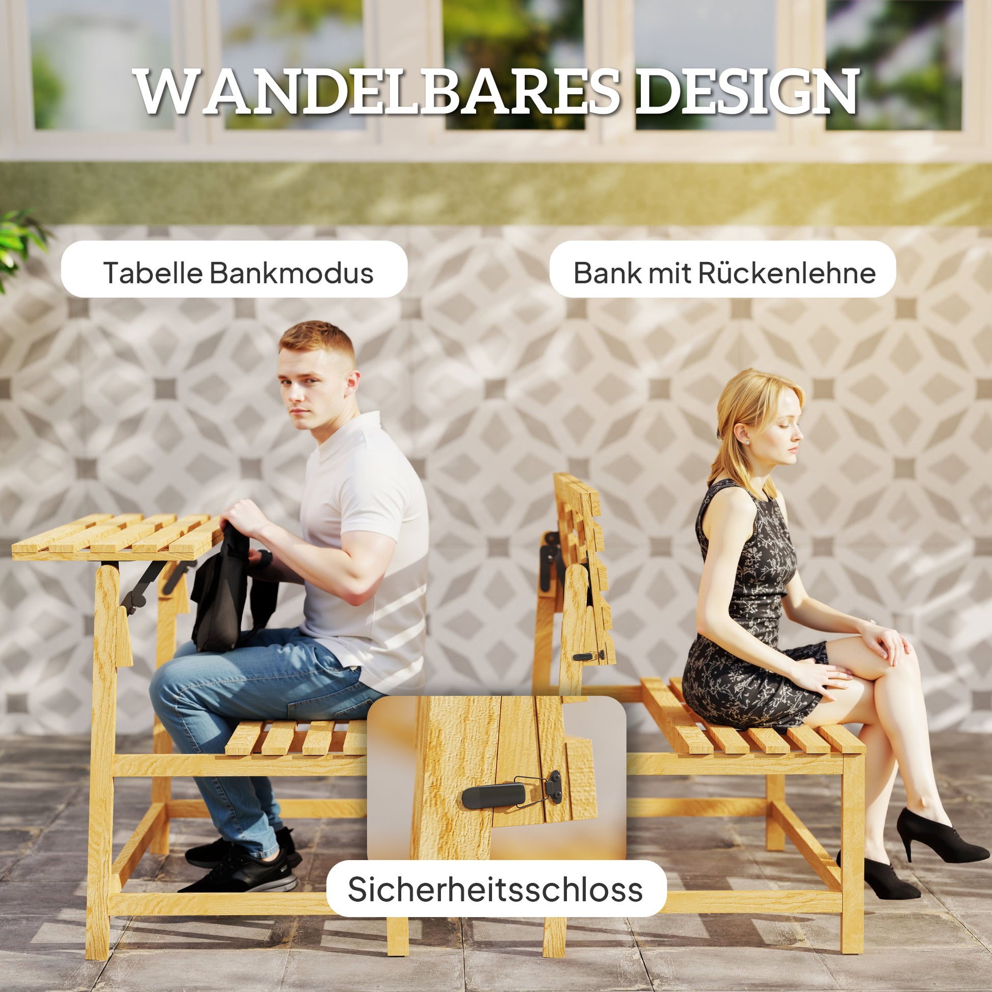 2-Seater Wooden Garden Bench, Weatherproof Bench, UV Resistant Garden Furniture with Convertible Backrests, Park Bench 240kg Load Capacity, Wooden Bench for Balcony Terrace, Garden, 110x61x89cm, Teak