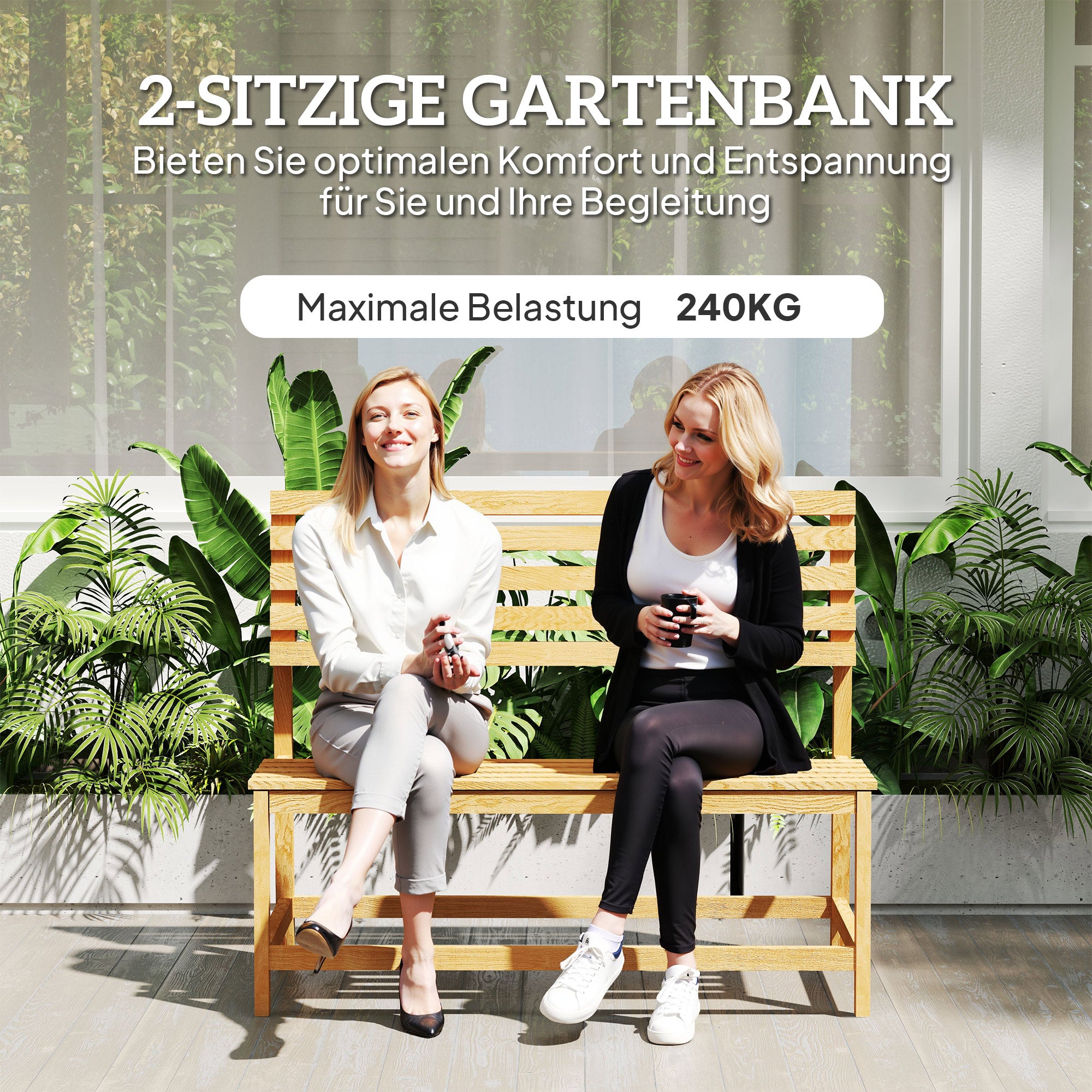 2-Seater Wooden Garden Bench, Weatherproof Bench, UV Resistant Garden Furniture with Convertible Backrests, Park Bench 240kg Load Capacity, Wooden Bench for Balcony Terrace, Garden, 110x61x89cm, Teak