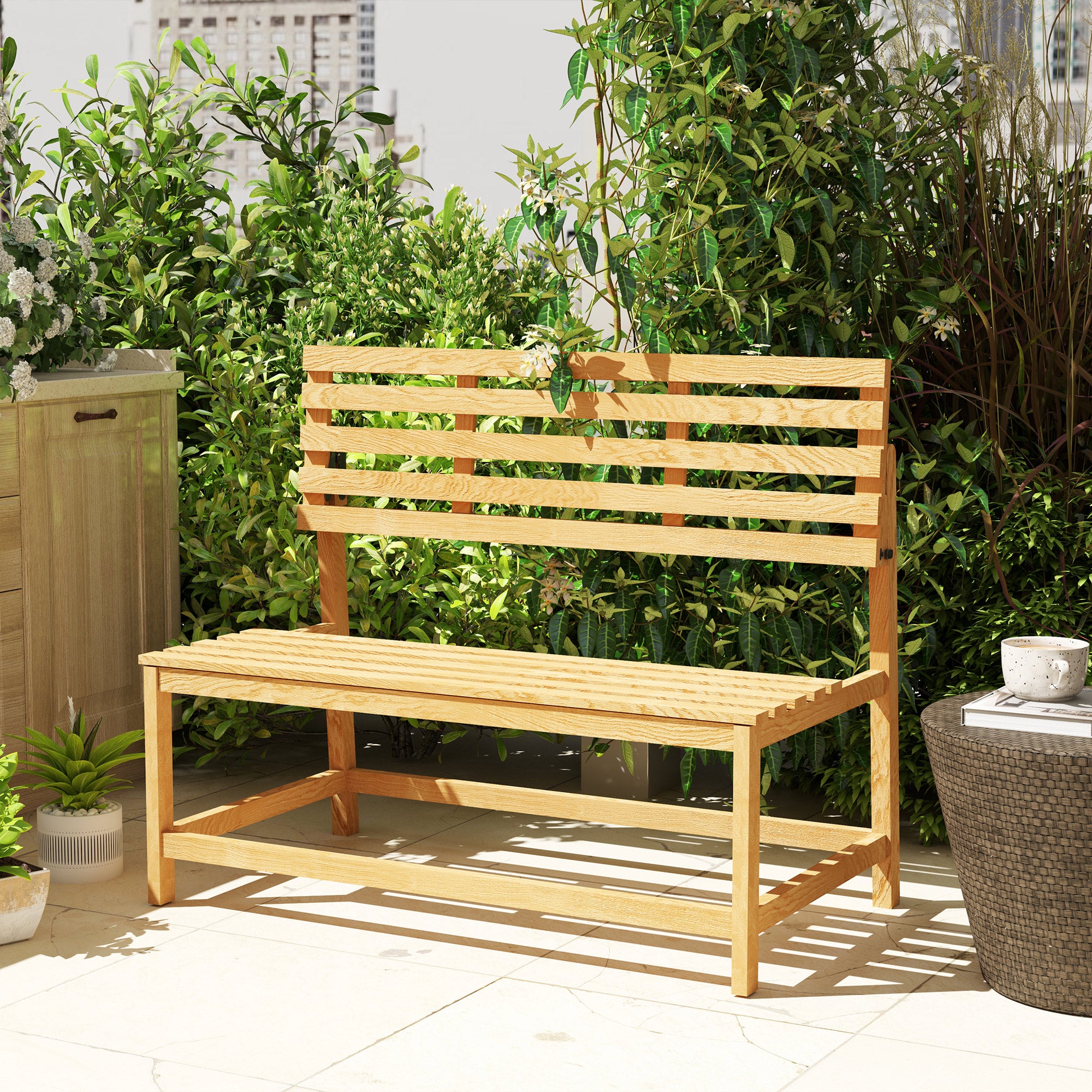 2-Seater Wooden Garden Bench, Weatherproof Bench, UV Resistant Garden Furniture with Convertible Backrests, Park Bench 240kg Load Capacity, Wooden Bench for Balcony Terrace, Garden, 110x61x89cm, Teak
