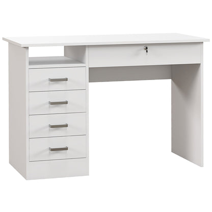 Modern Computer Desk with 5 Drawers, Large Tabletop, 1 Open Compartment, Lockable Drawer, 110x50x76 cm, White