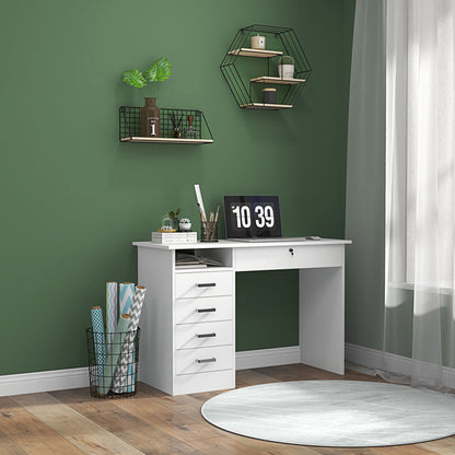 Modern Computer Desk with 5 Drawers, Large Tabletop, 1 Open Compartment, Lockable Drawer, 110x50x76 cm, White