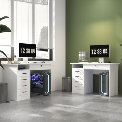 Modern Computer Desk with 5 Drawers, Large Tabletop, 1 Open Compartment, Lockable Drawer, 110x50x76 cm, White
