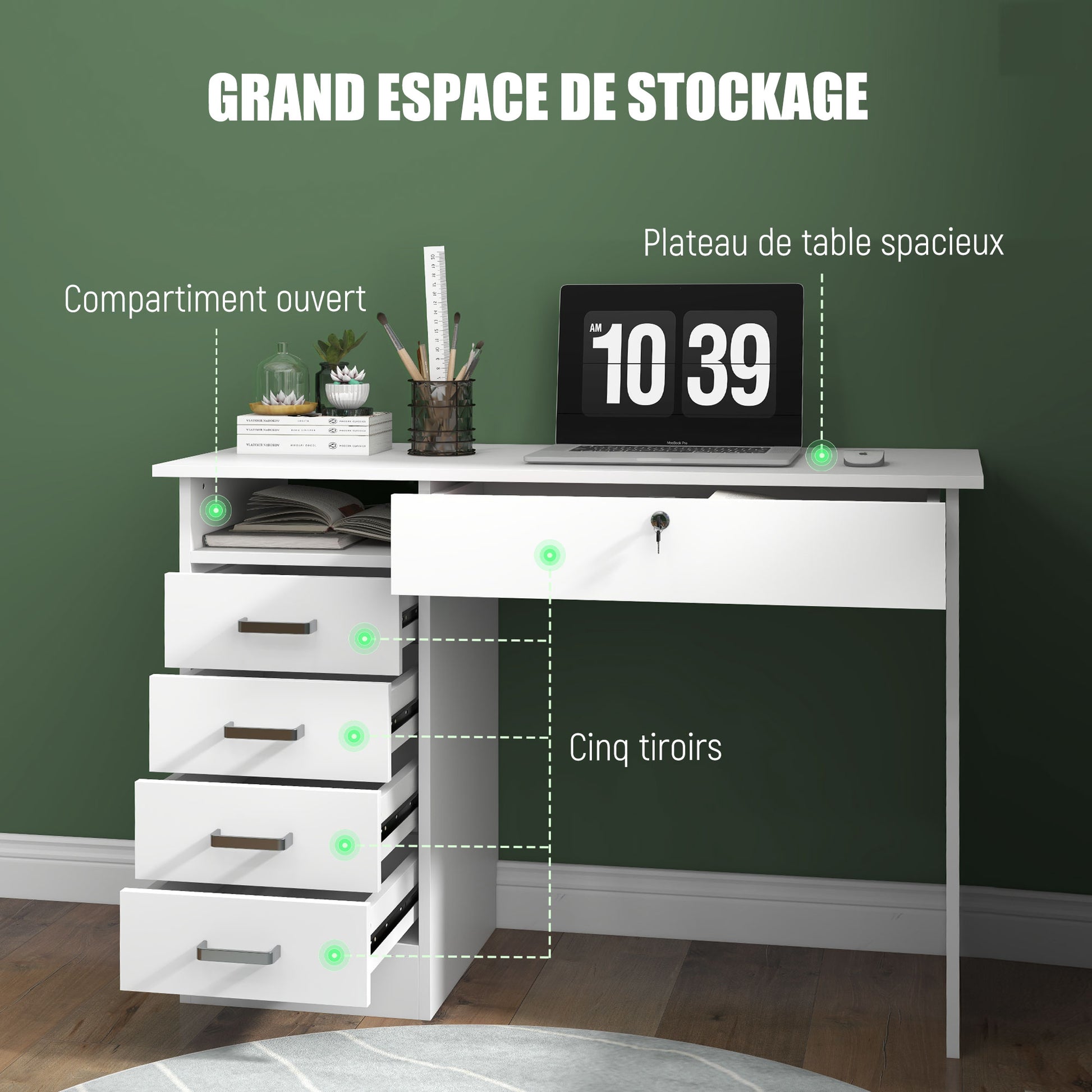 Modern Computer Desk with 5 Drawers, Large Tabletop, 1 Open Compartment, Lockable Drawer, 110x50x76 cm, White