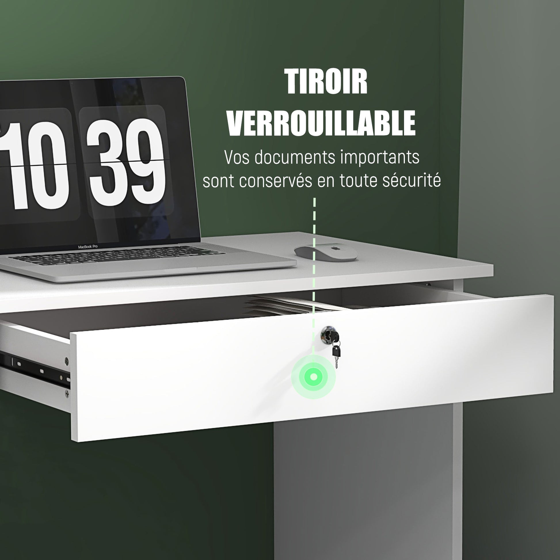 Modern Computer Desk with 5 Drawers, Large Tabletop, 1 Open Compartment, Lockable Drawer, 110x50x76 cm, White