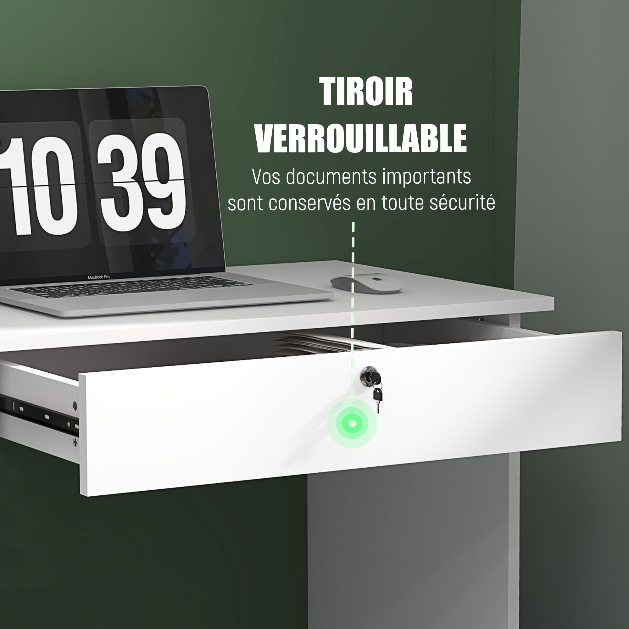 Modern Computer Desk with 5 Drawers, Large Tabletop, 1 Open Compartment, Lockable Drawer, 110x50x76 cm, White