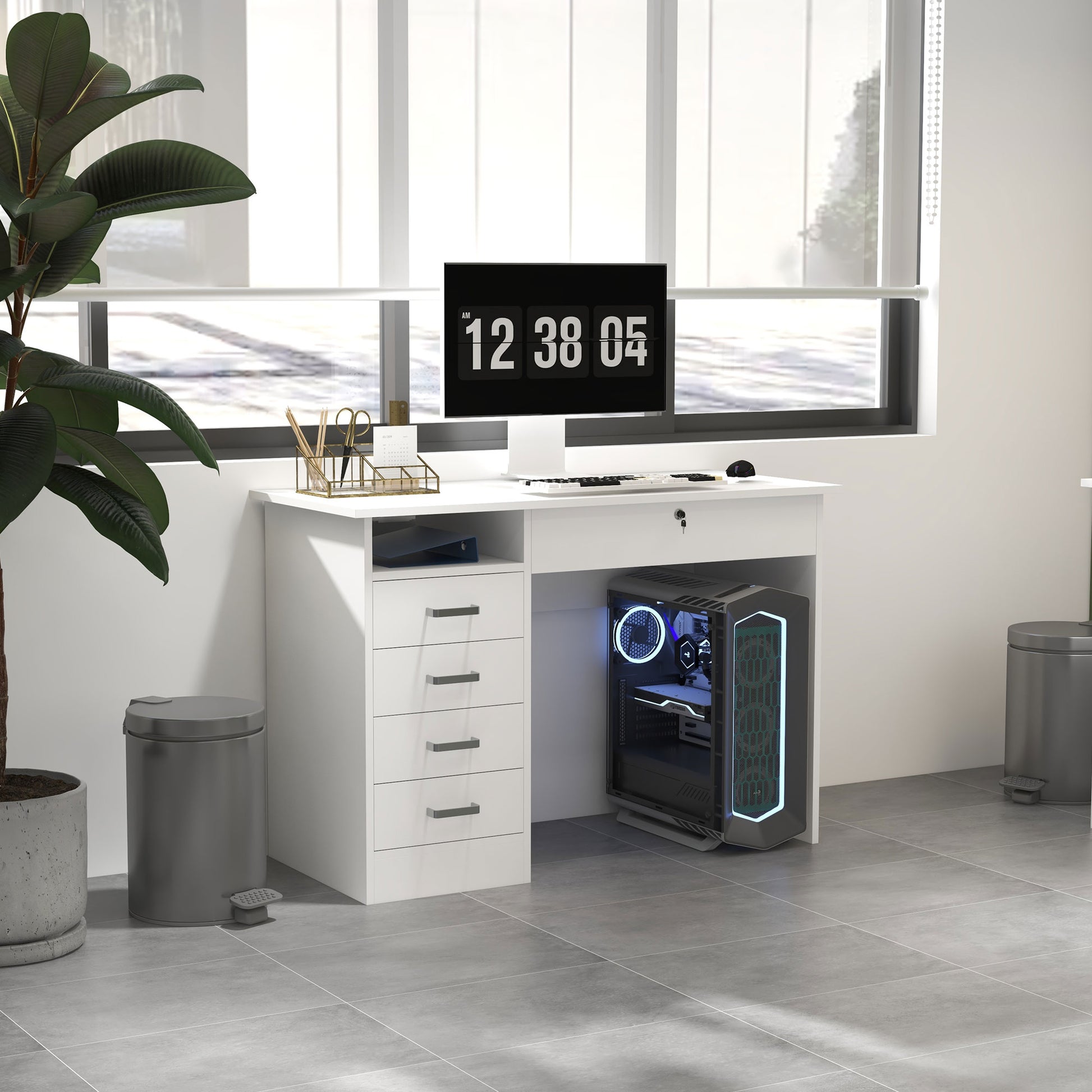 Modern Computer Desk with 5 Drawers, Large Tabletop, 1 Open Compartment, Lockable Drawer, 110x50x76 cm, White