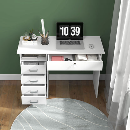 Modern Computer Desk with 5 Drawers, Large Tabletop, 1 Open Compartment, Lockable Drawer, 110x50x76 cm, White