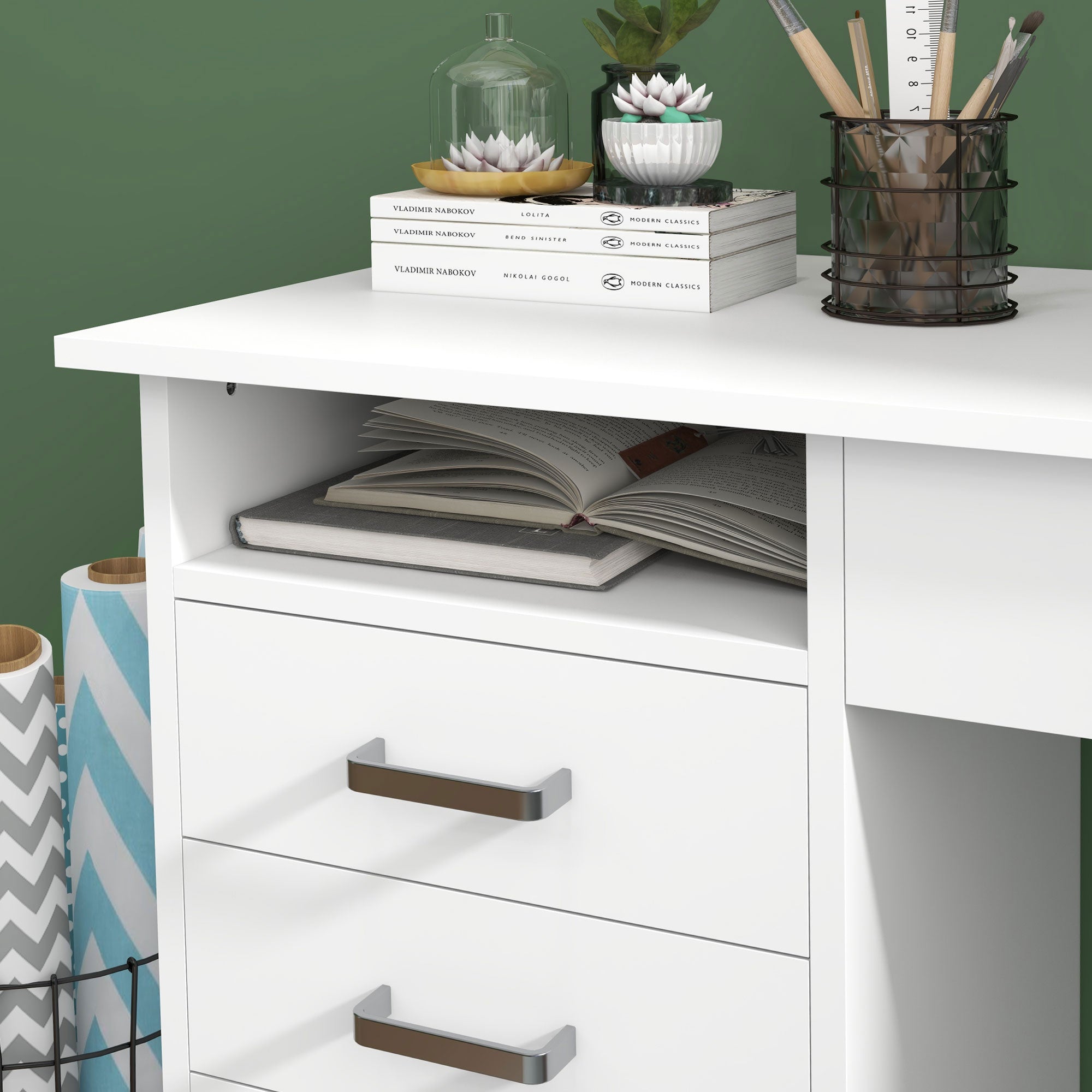 Modern Computer Desk with 5 Drawers, Large Tabletop, 1 Open Compartment, Lockable Drawer, 110x50x76 cm, White