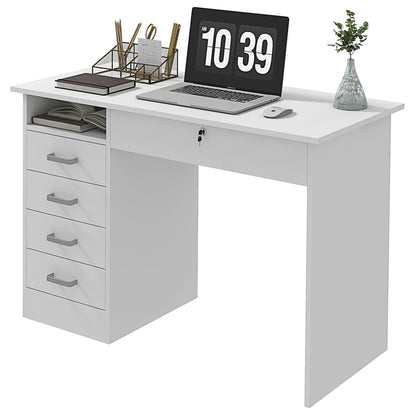 Modern Computer Desk with 5 Drawers, Large Tabletop, 1 Open Compartment, Lockable Drawer, 110x50x76 cm, White