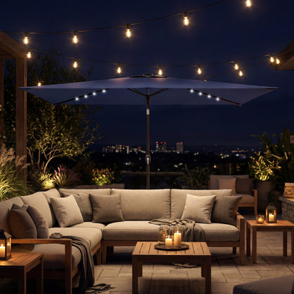 9.5' x 8.2' Outdoor Patio Umbrella – 24 Solar LED Lights, Crank & Tilt Canopy, Metal Pole, Dark Blue