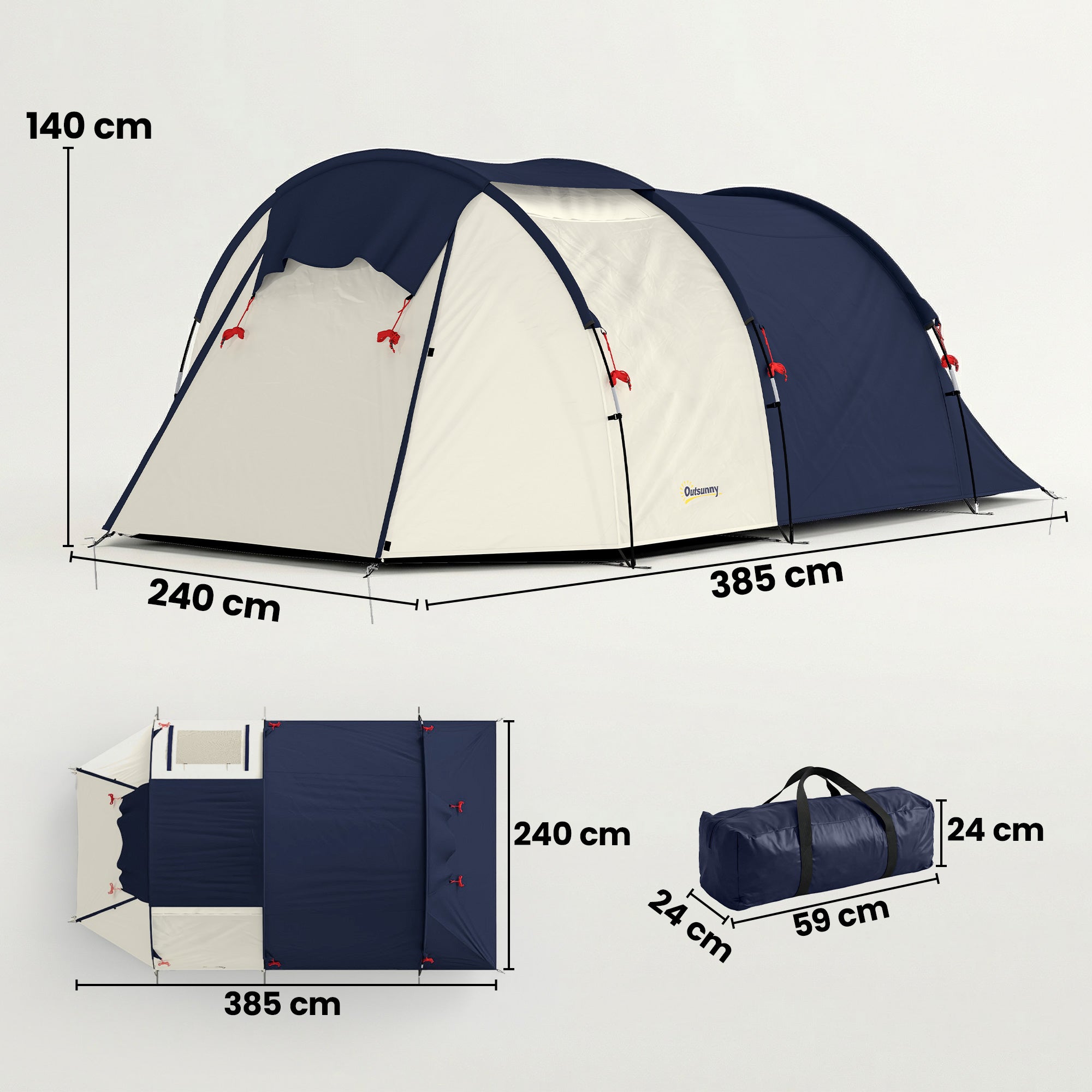 4-Person Tunnel Tent — Separate Living & Sleeping Areas, 3000mm Waterproof, Carry Bag — Navy & Cream