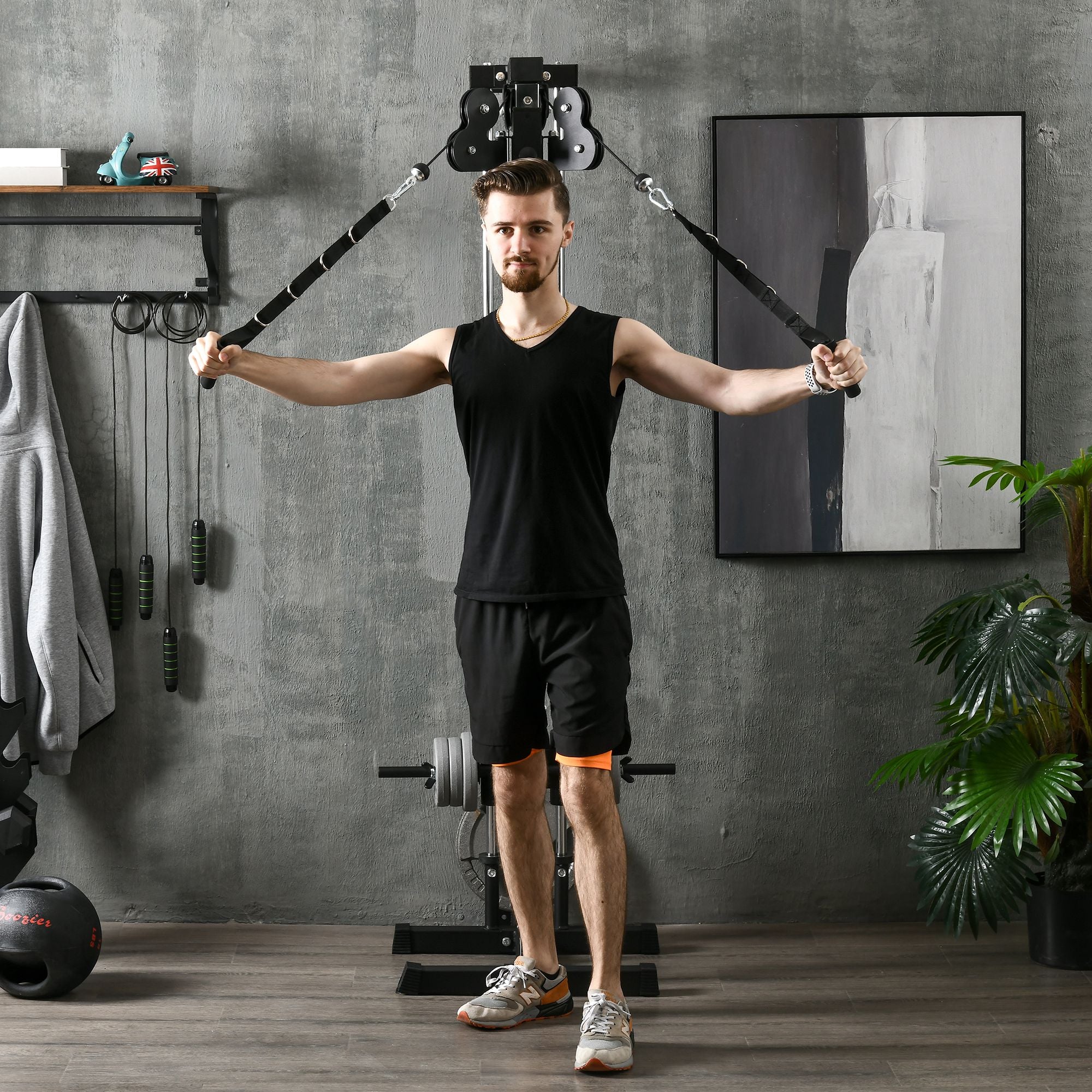 SPORTNOW Adjustable Height Power Station 25-165 cm with Dual Pulley Systems Adapters Multifunctional Training Device max. 120 kg, for Home Workout 62 x 60 x 200 cm Black
