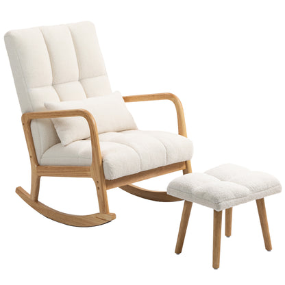 White Fleece Rocking Chair with Ottoman — Wide Seat, High Back, Wooden Rockers