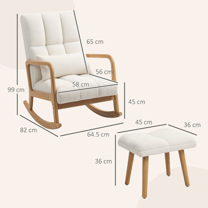 White Fleece Rocking Chair with Ottoman — Wide Seat, High Back, Wooden Rockers