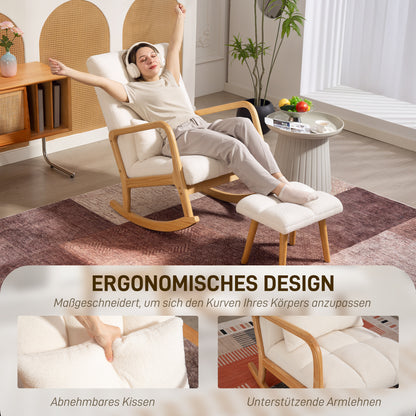 White Fleece Rocking Chair with Ottoman — Wide Seat, High Back, Wooden Rockers
