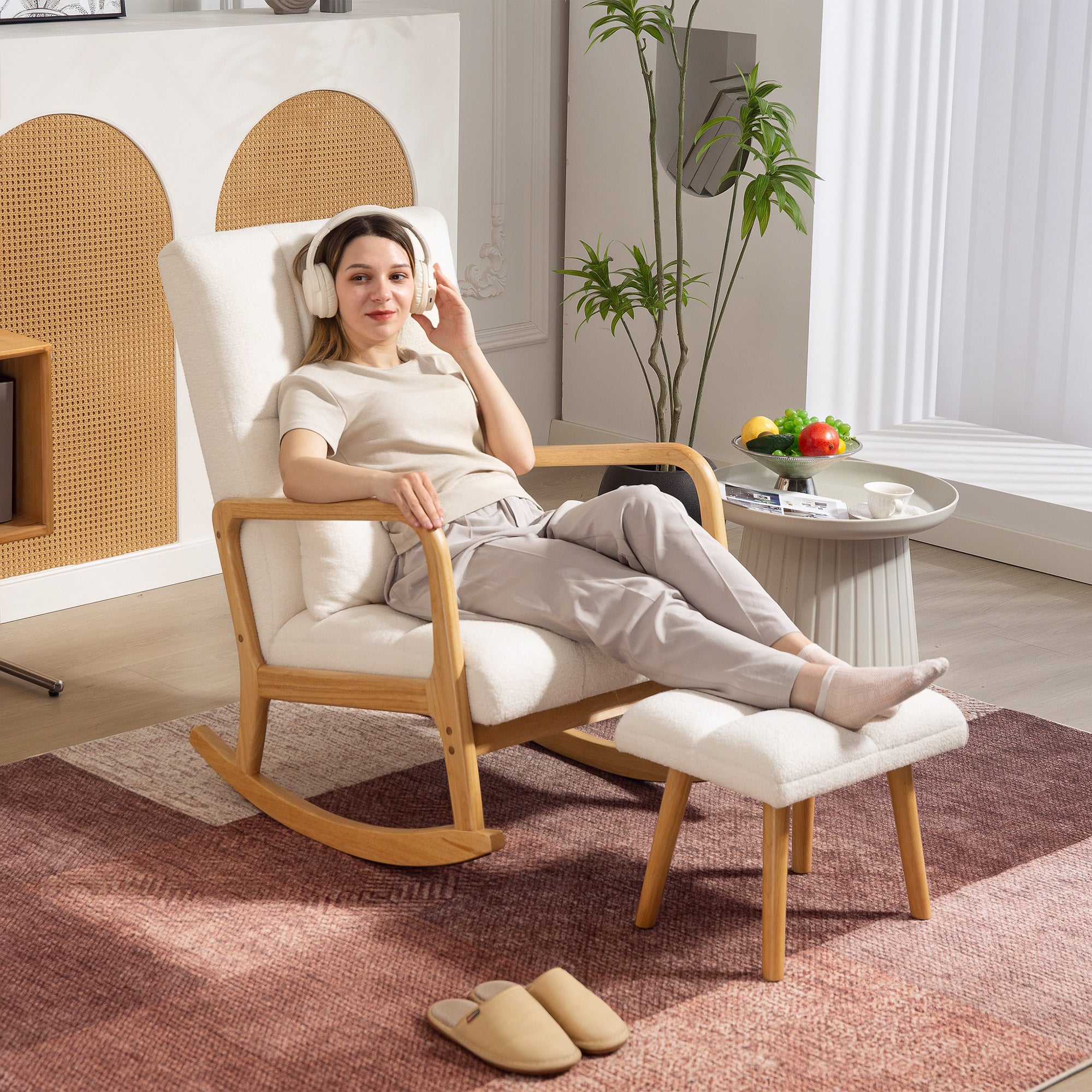 White Fleece Rocking Chair with Ottoman — Wide Seat, High Back, Wooden Rockers