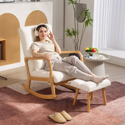 White Fleece Rocking Chair with Ottoman — Wide Seat, High Back, Wooden Rockers