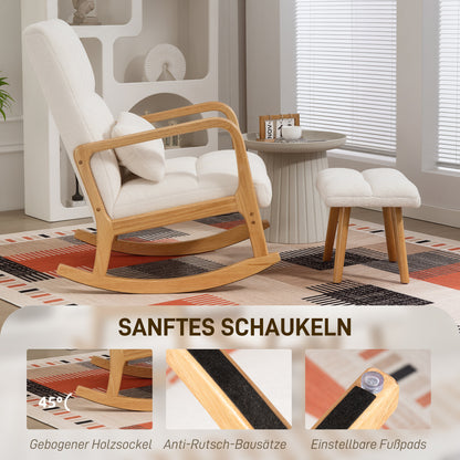 White Fleece Rocking Chair with Ottoman — Wide Seat, High Back, Wooden Rockers