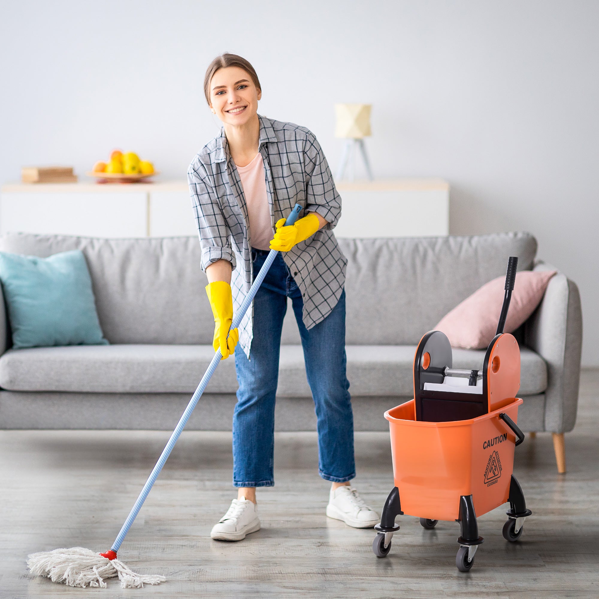 Cleaning Cart with Wringer 26 Liter Mop Bucket Mop Bucket with 4 Wheels Orange