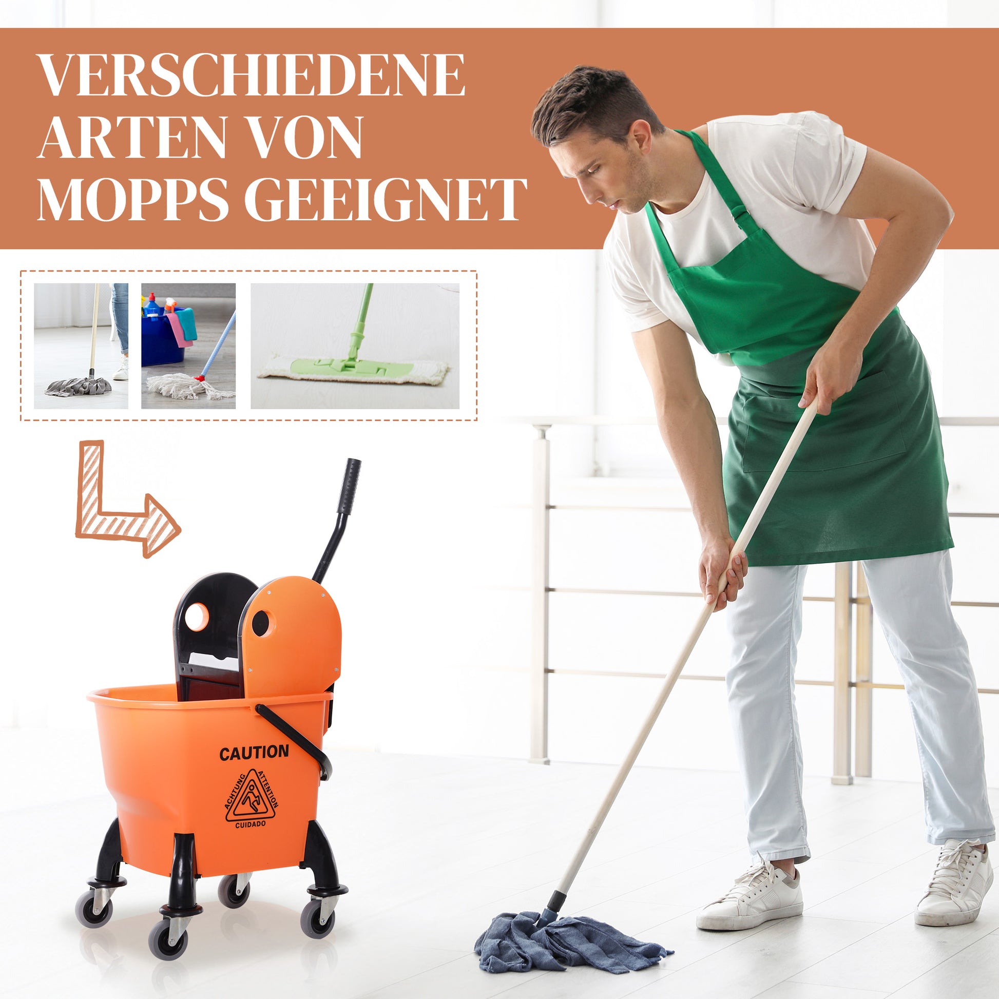 Cleaning Cart with Wringer 26 Liter Mop Bucket Mop Bucket with 4 Wheels Orange