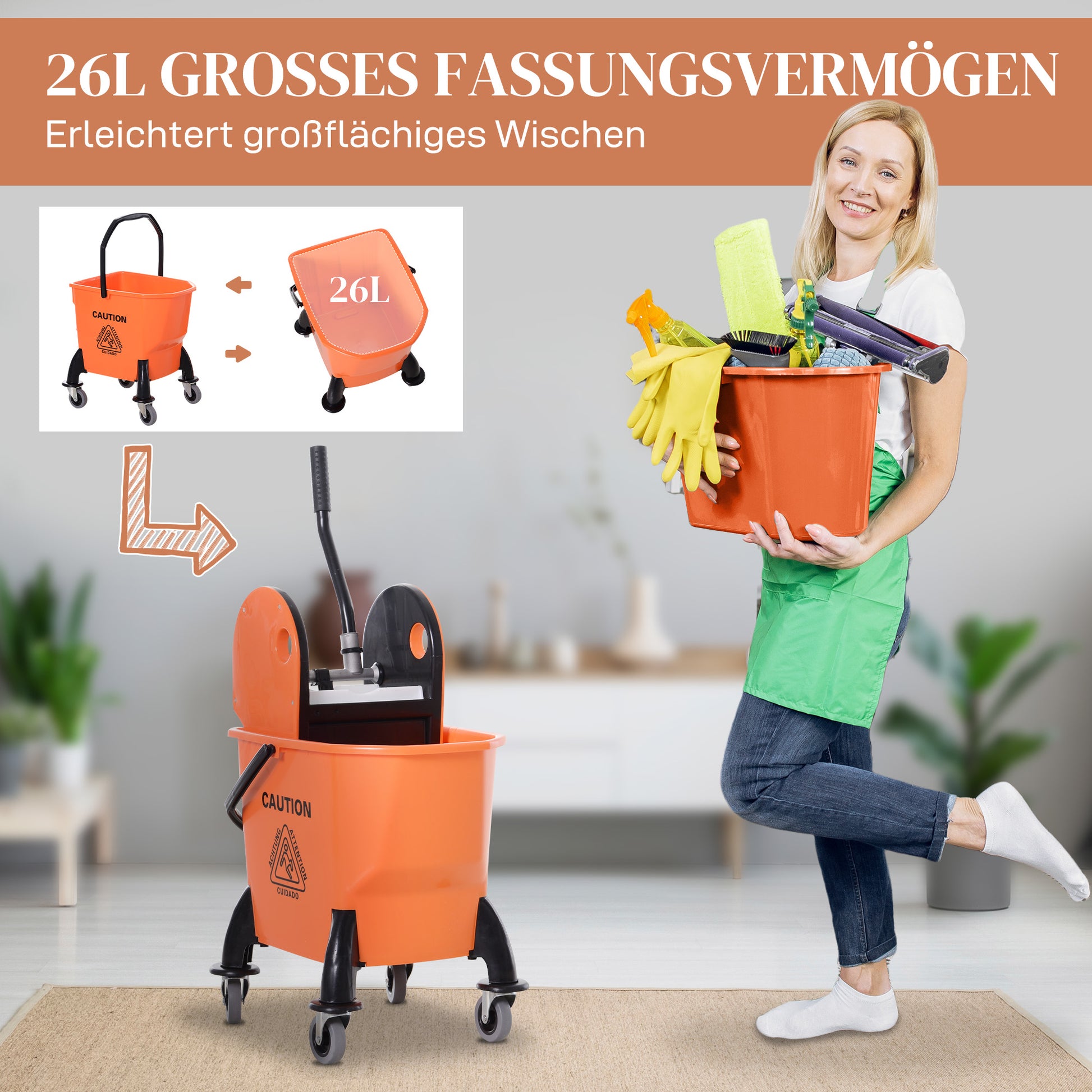 Cleaning Cart with Wringer 26 Liter Mop Bucket Mop Bucket with 4 Wheels Orange