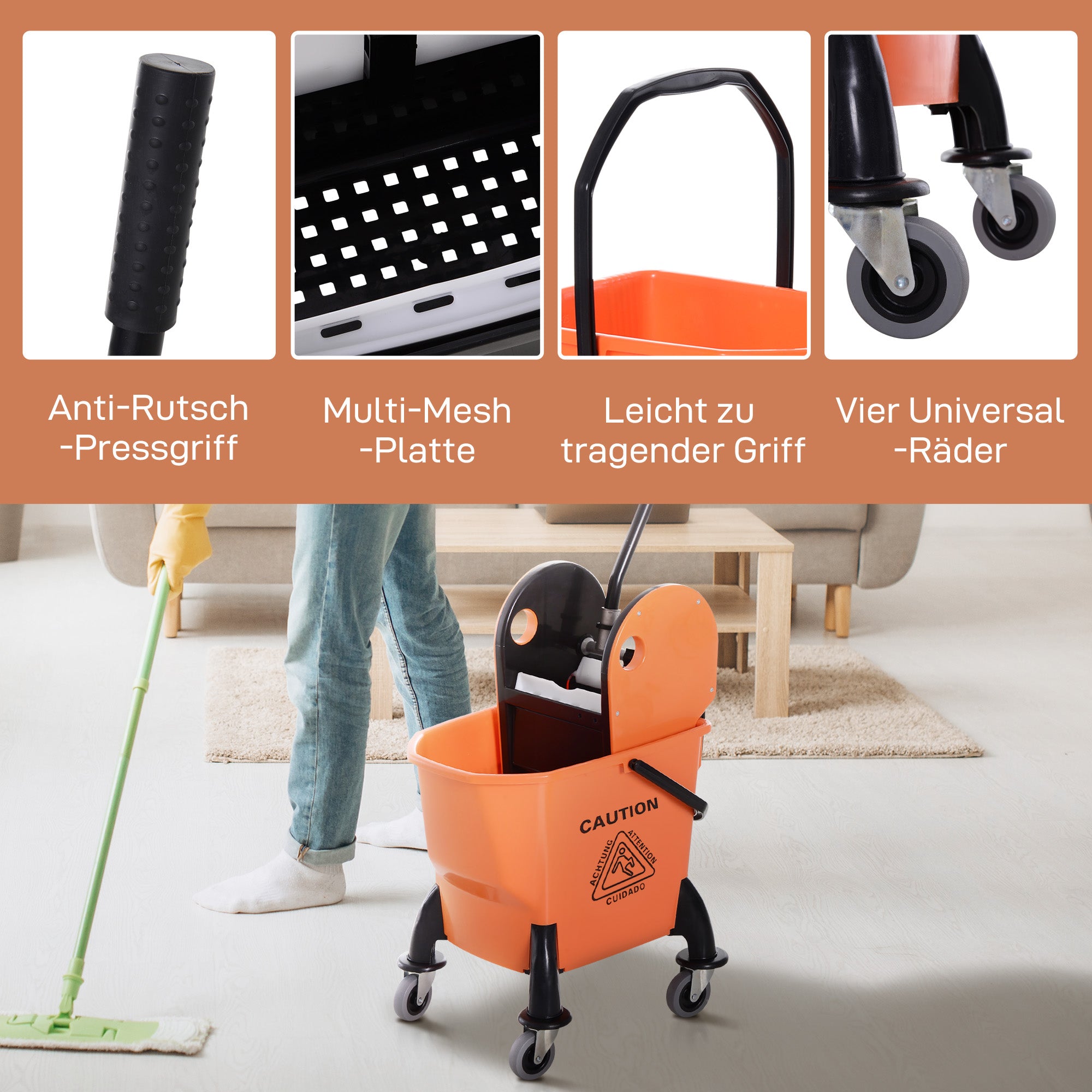 Cleaning Cart with Wringer 26 Liter Mop Bucket Mop Bucket with 4 Wheels Orange