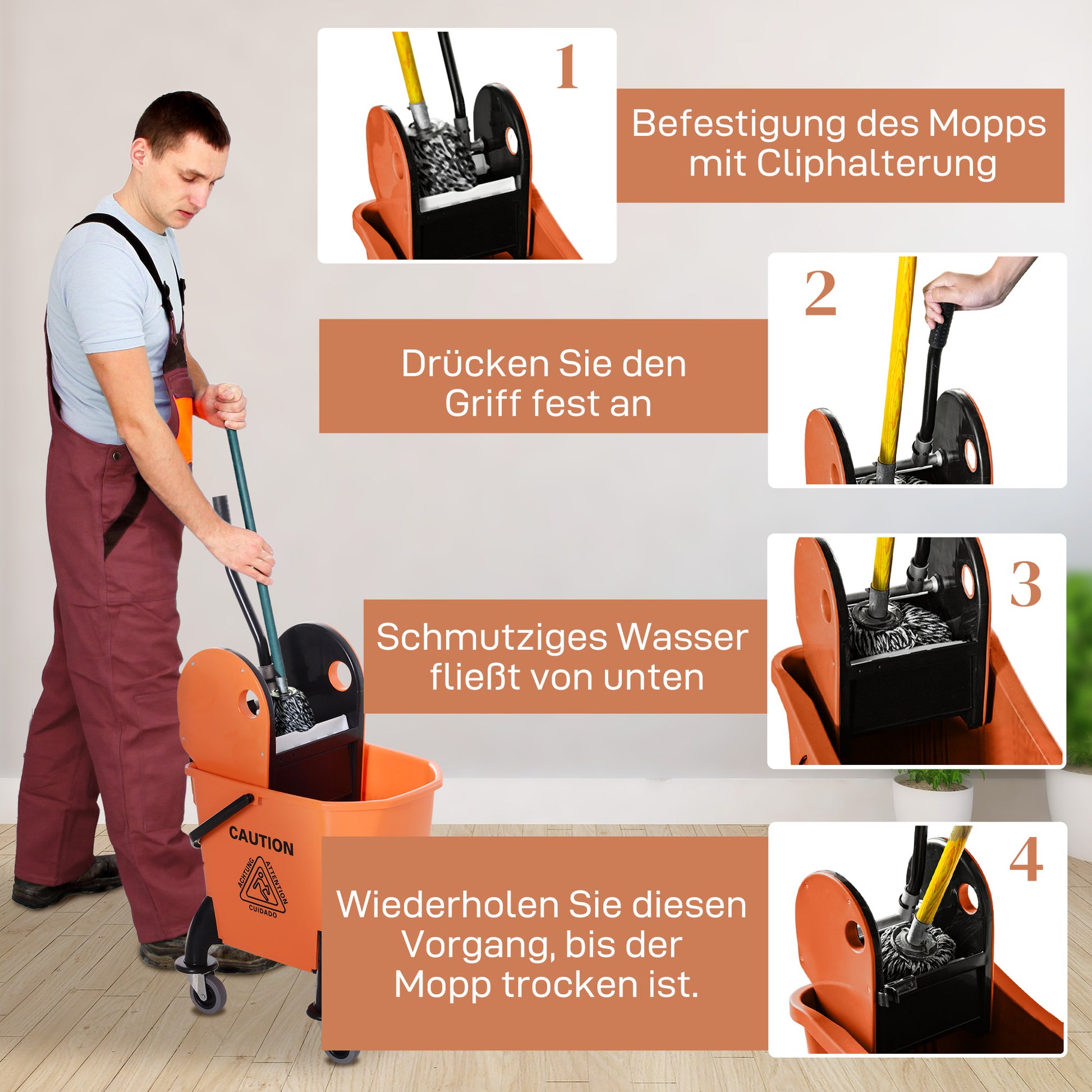 Cleaning Cart with Wringer 26 Liter Mop Bucket Mop Bucket with 4 Wheels Orange