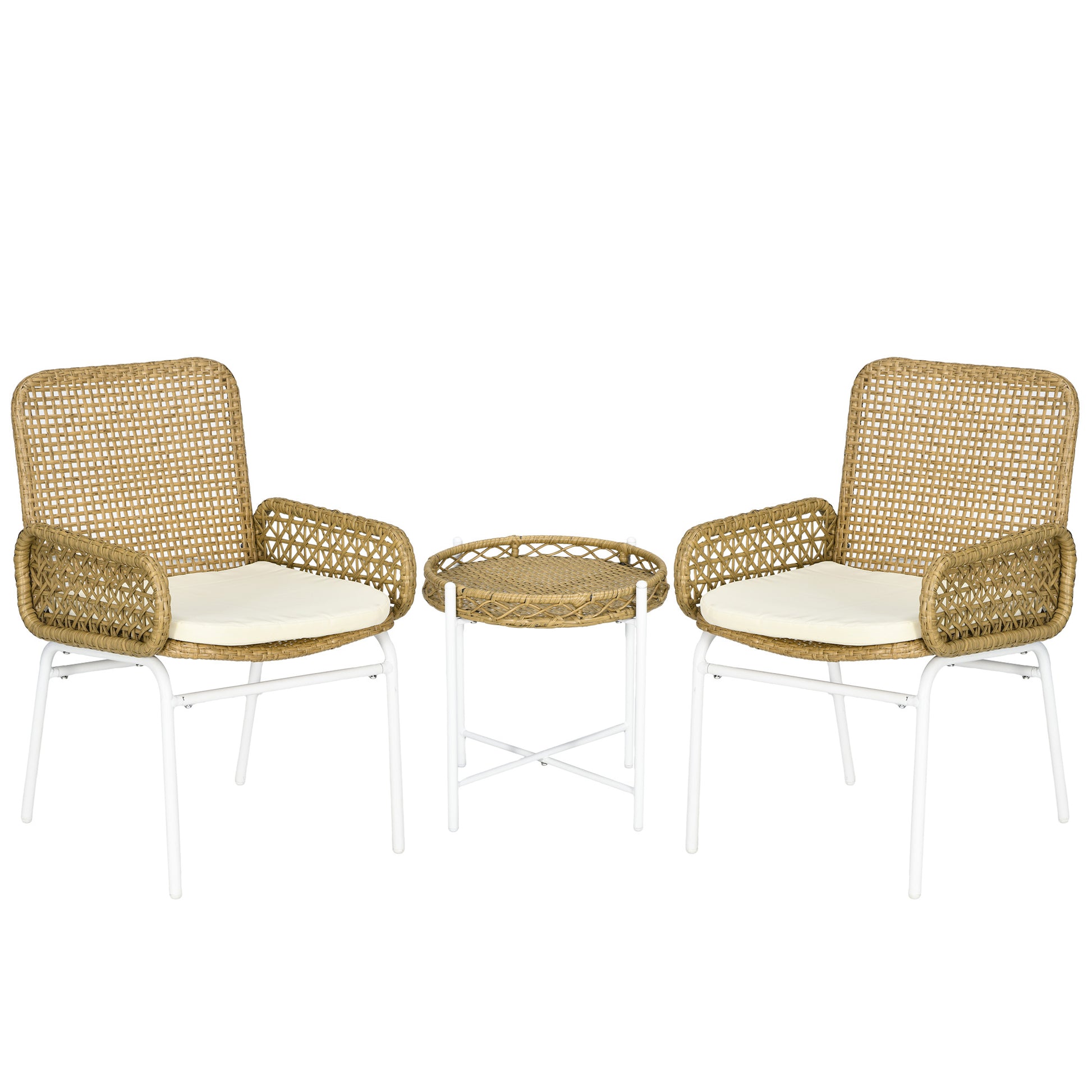 3-Piece Garden Furniture Set Rattan Chairs and Table with 2 Chairs 1 Center Table and Cushions for Terrace Patio Natural