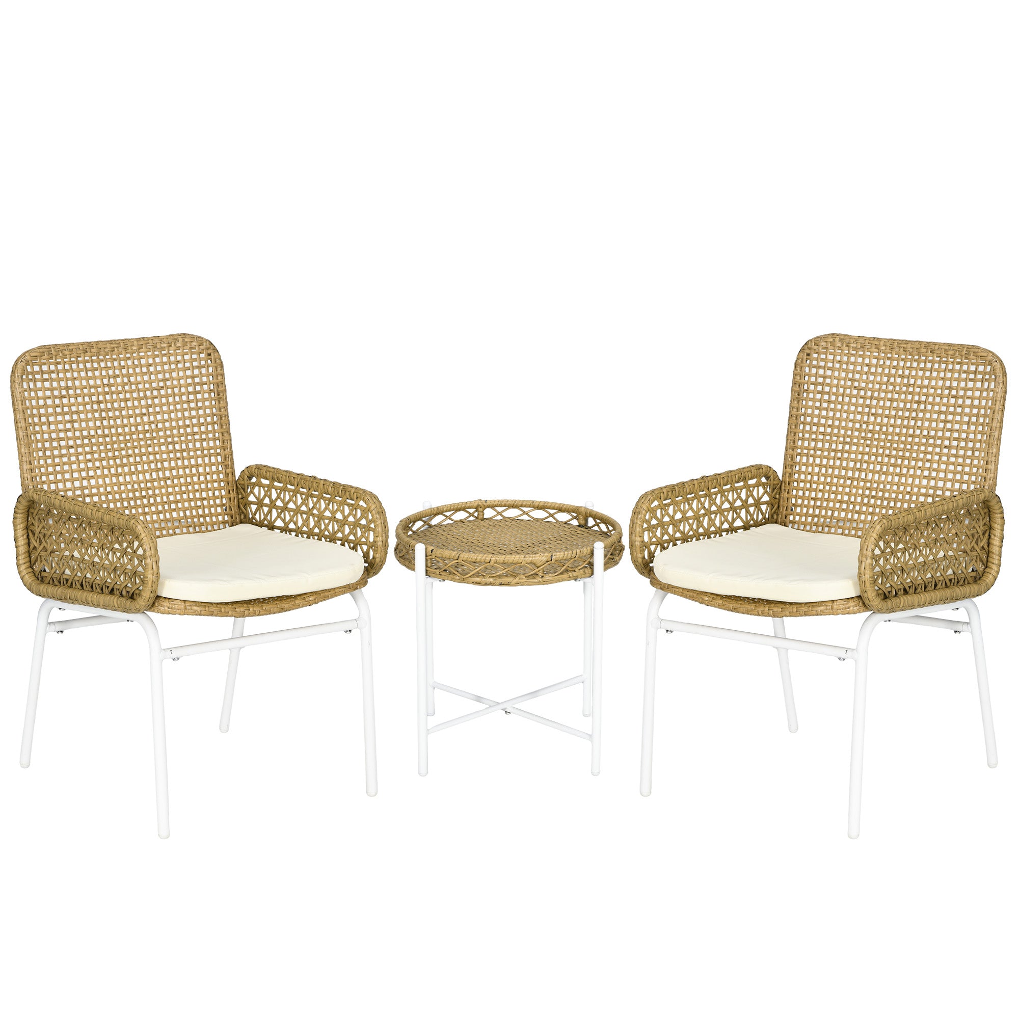3-Piece Garden Furniture Set Rattan Chairs and Table with 2 Chairs 1 Center Table and Cushions for Terrace Patio Natural