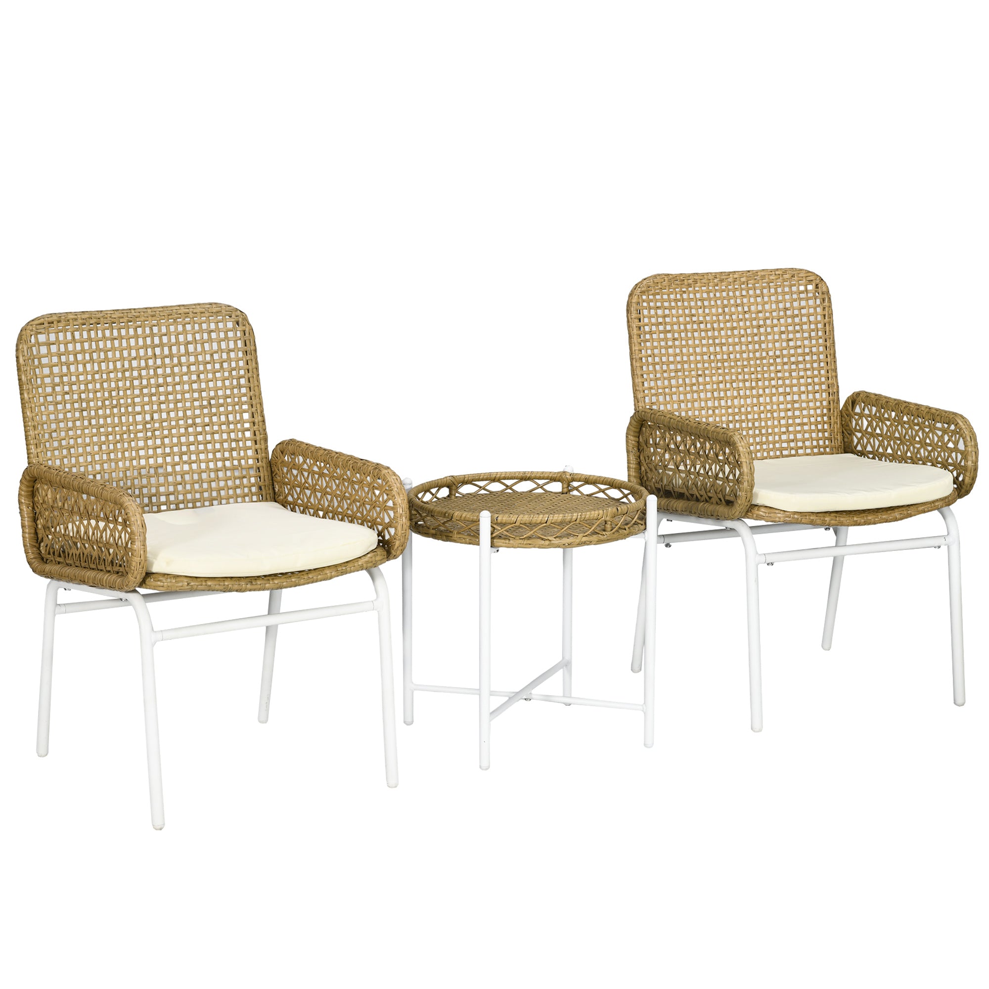 3-Piece Garden Furniture Set Rattan Chairs and Table with 2 Chairs 1 Center Table and Cushions for Terrace Patio Natural