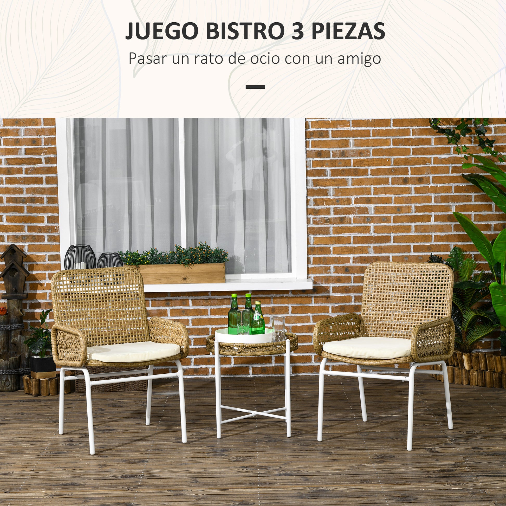 3-Piece Garden Furniture Set Rattan Chairs and Table with 2 Chairs 1 Center Table and Cushions for Terrace Patio Natural