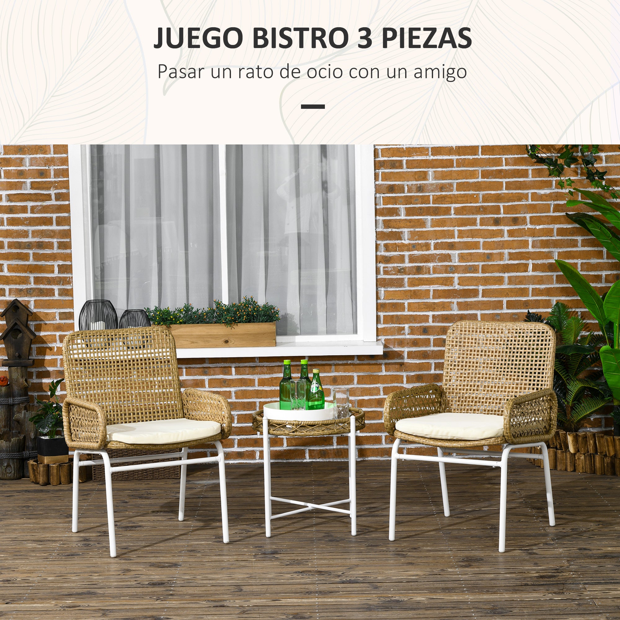 3-Piece Garden Furniture Set Rattan Chairs and Table with 2 Chairs 1 Center Table and Cushions for Terrace Patio Natural