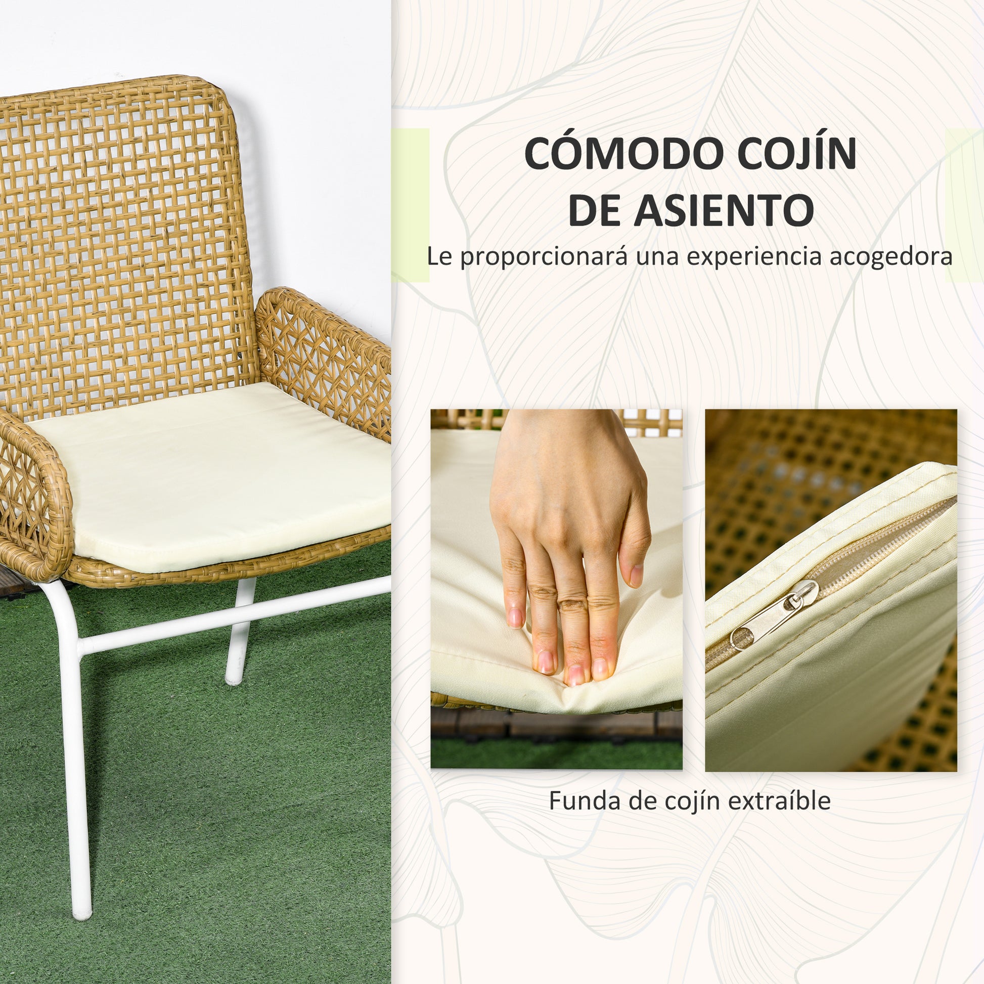 3-Piece Garden Furniture Set Rattan Chairs and Table with 2 Chairs 1 Center Table and Cushions for Terrace Patio Natural