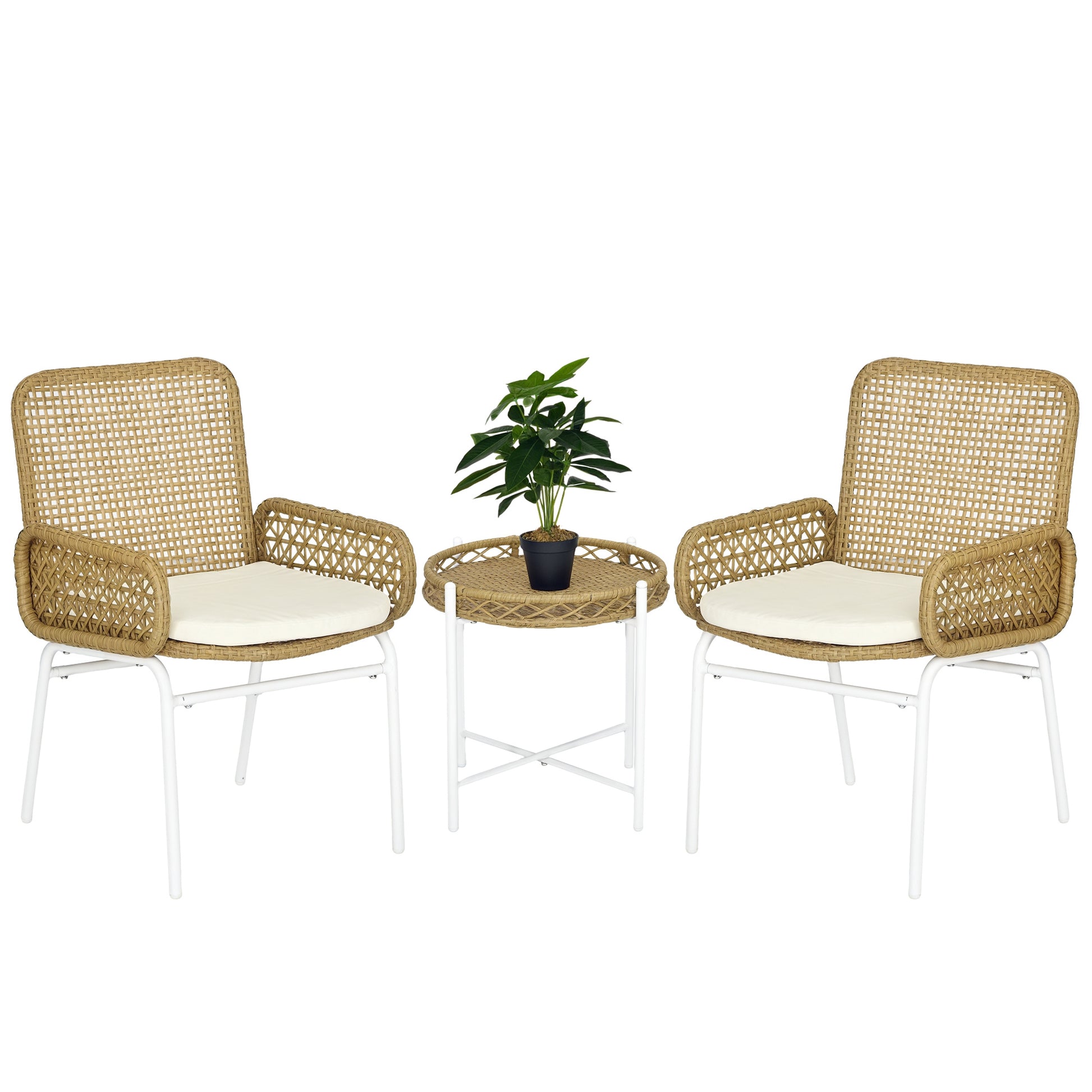3-Piece Garden Furniture Set Rattan Chairs and Table with 2 Chairs 1 Center Table and Cushions for Terrace Patio Natural
